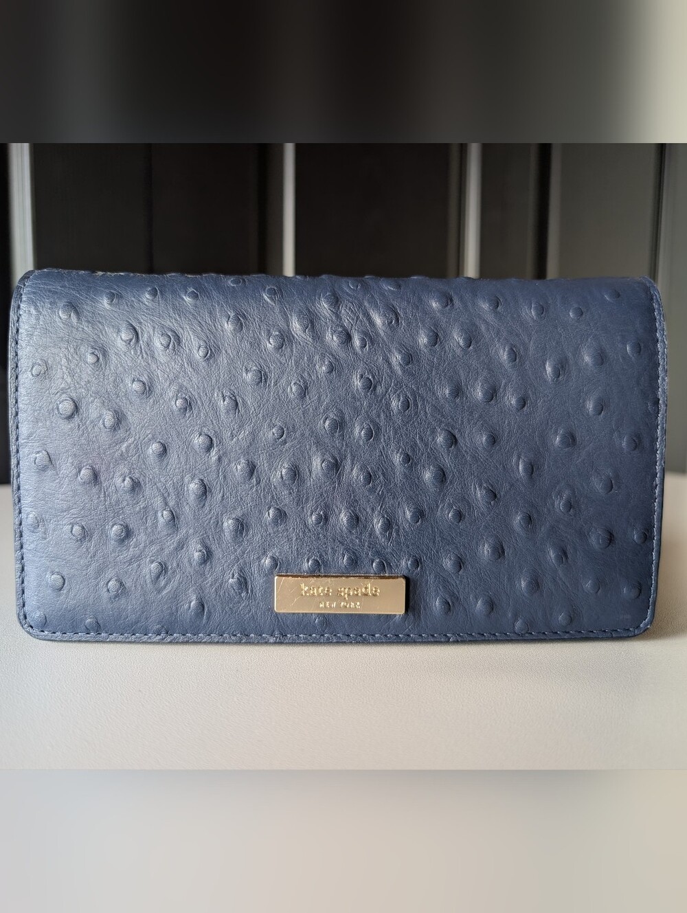 Kate Spade Isabeli Ostrich Embossed Chain Crossbody Wallet Navy